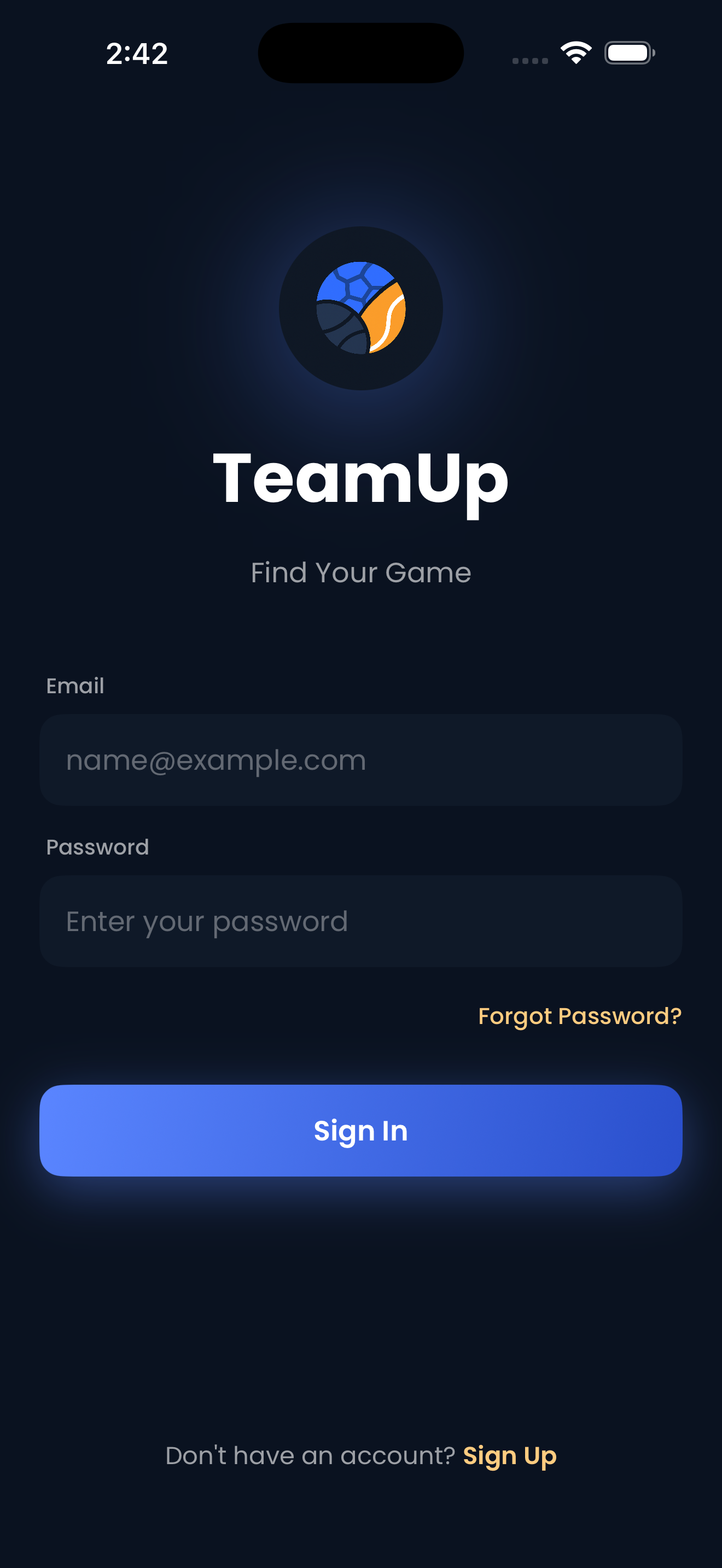 TeamUp Login Screen